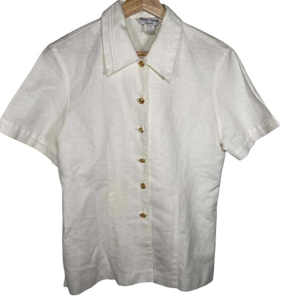 Sharon young Classic cream  Short Sleeve button up linen/ cotton Shirt